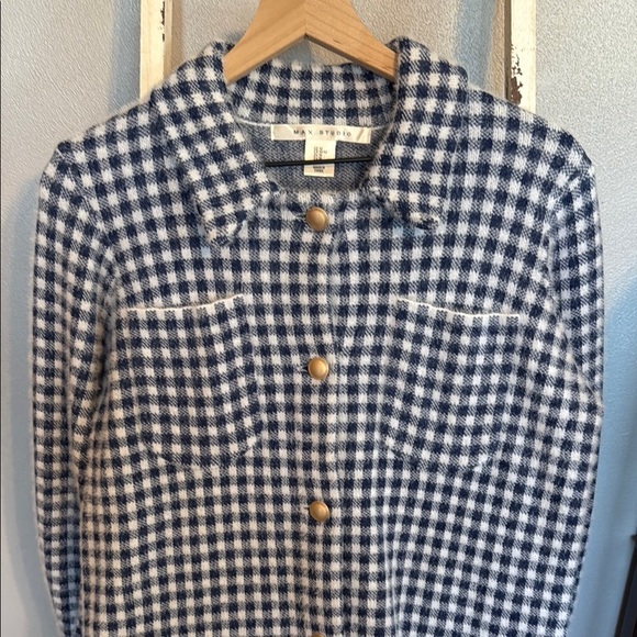 Max Studio Sweaters - Max Studio Navy and White Checkered Fuzzy Button Up Sweater Jacket Size M Women